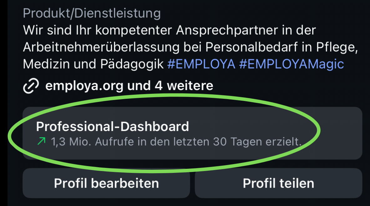 EMPLOYA Instagram Professional-Dashboard – 1,3 Mio. Aufrufe in 30 Tagen (nachher)