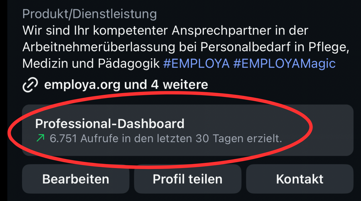EMPLOYA Instagram Professional-Dashboard – 6.751 Aufrufe in 30 Tagen (vorher)